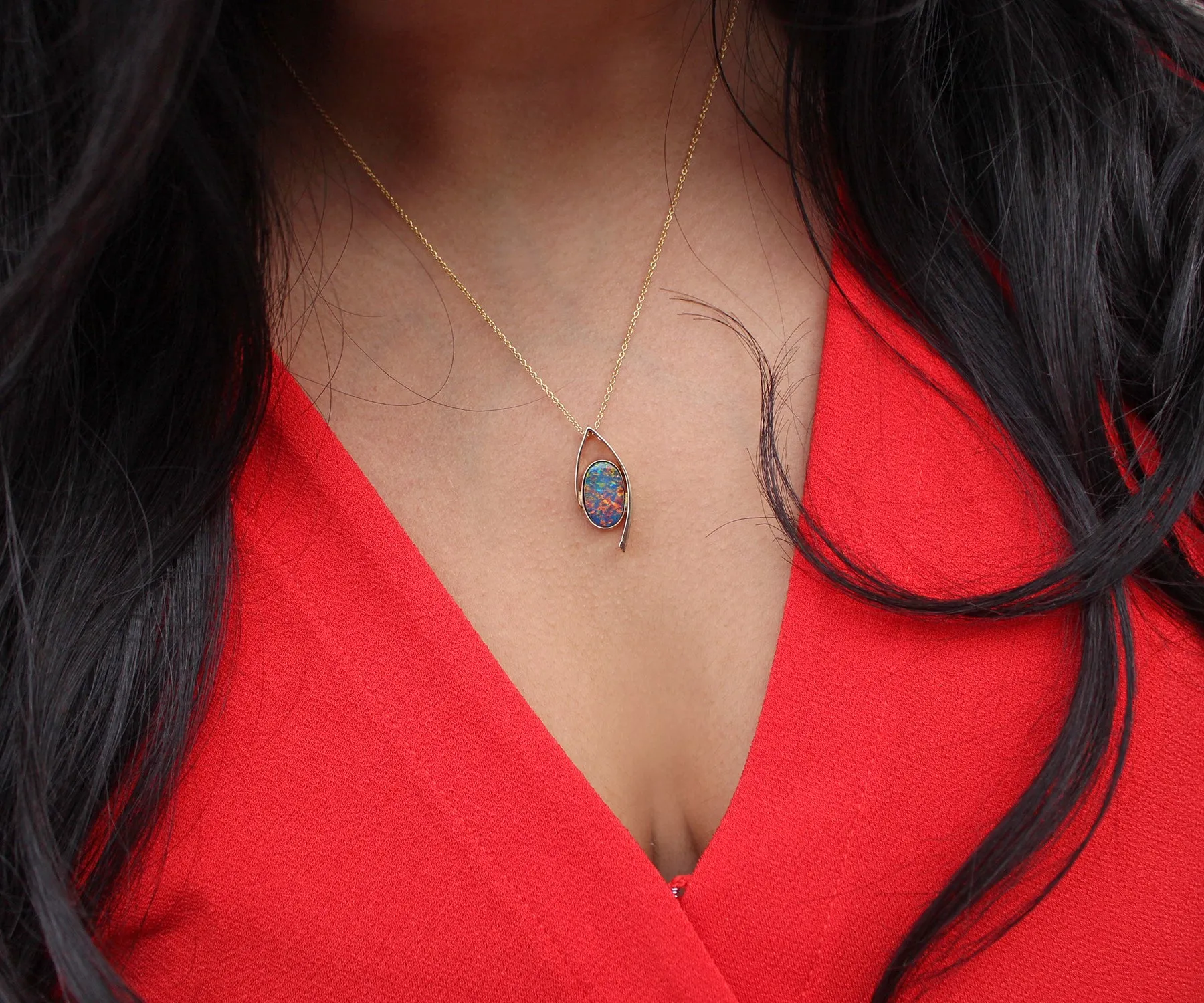 Red Blue Oval Opal Offset Gold Necklace