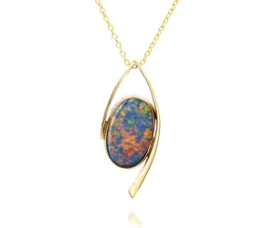 Red Blue Oval Opal Offset Gold Necklace