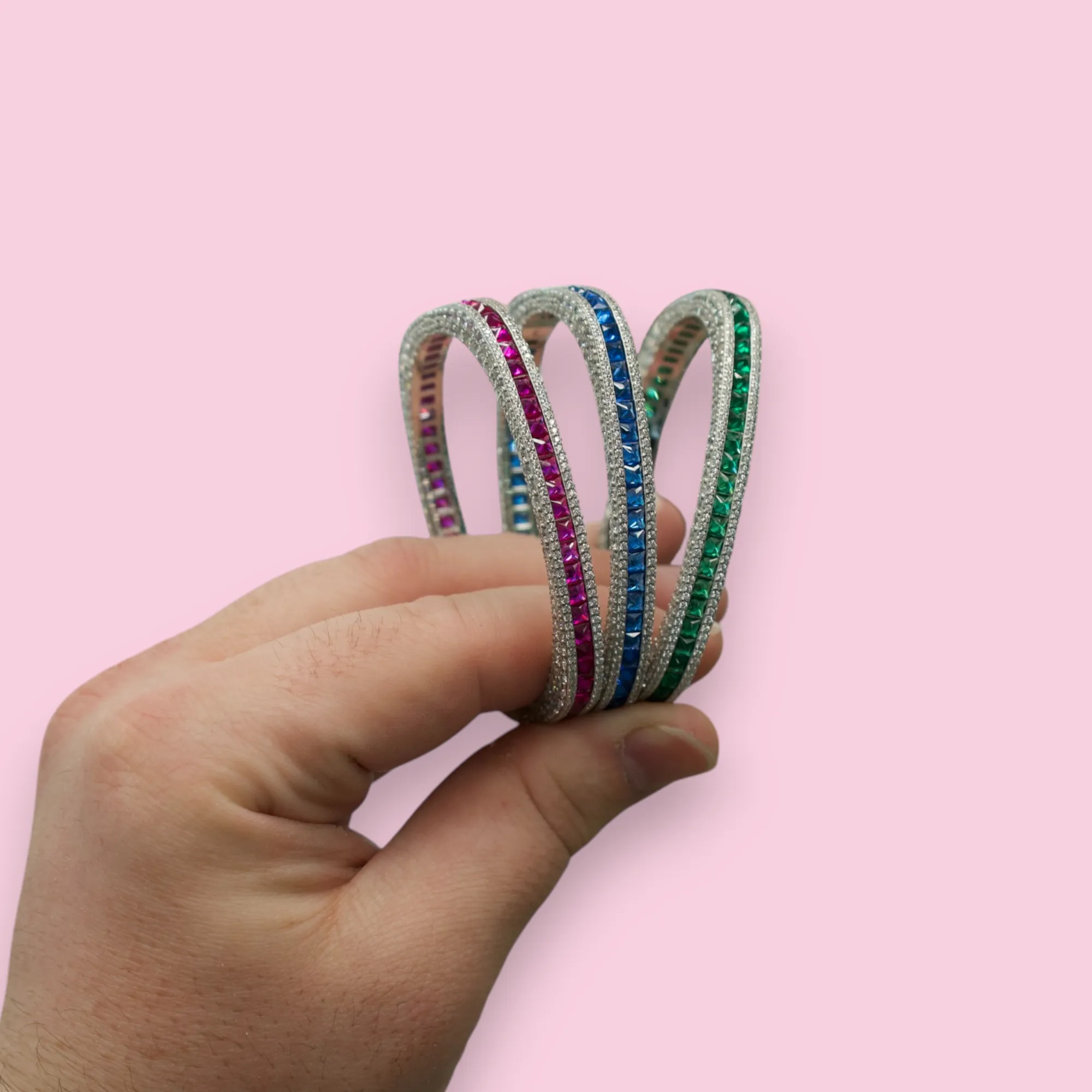 Silver Square Bangle with Wraparound CZs and Square-Cut Colored Stones in the Middle Row - Choose your Color
