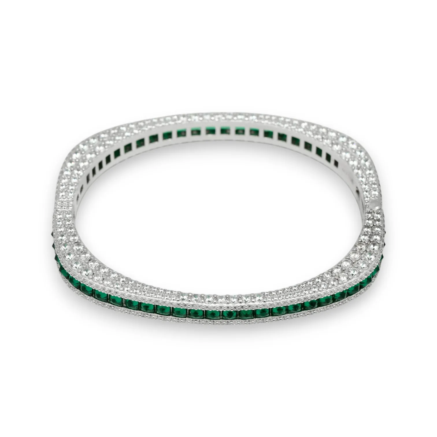 Silver Square Bangle with Wraparound CZs and Square-Cut Colored Stones in the Middle Row - Choose your Color