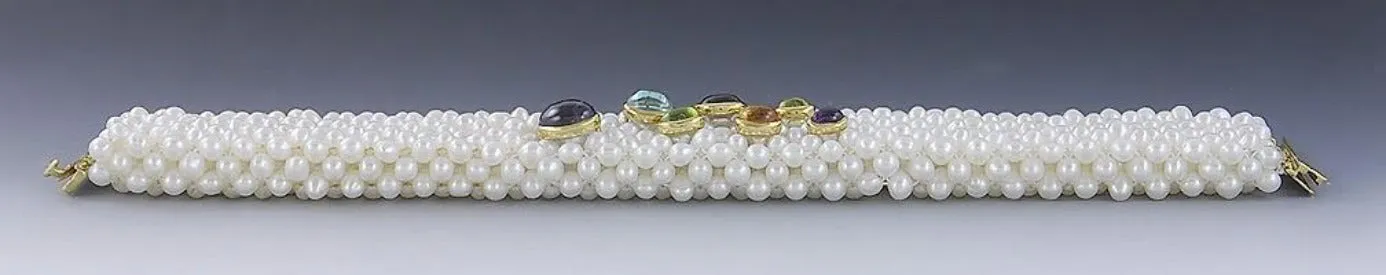 Unique 18k Gold Freshwater Pearl & Multi Color Gemstone Bracelet