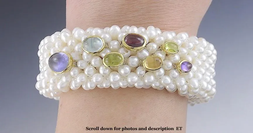 Unique 18k Gold Freshwater Pearl & Multi Color Gemstone Bracelet