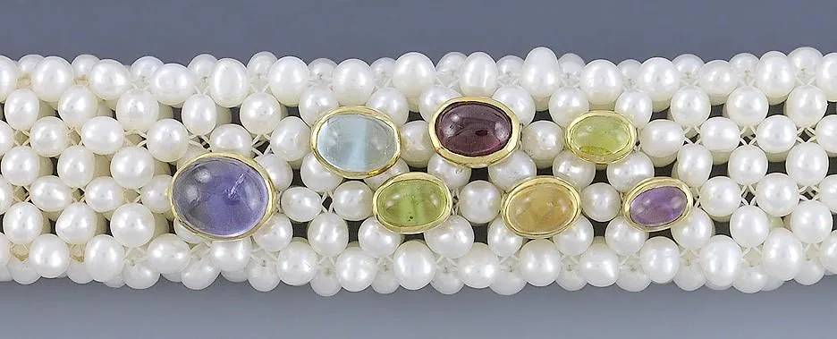 Unique 18k Gold Freshwater Pearl & Multi Color Gemstone Bracelet