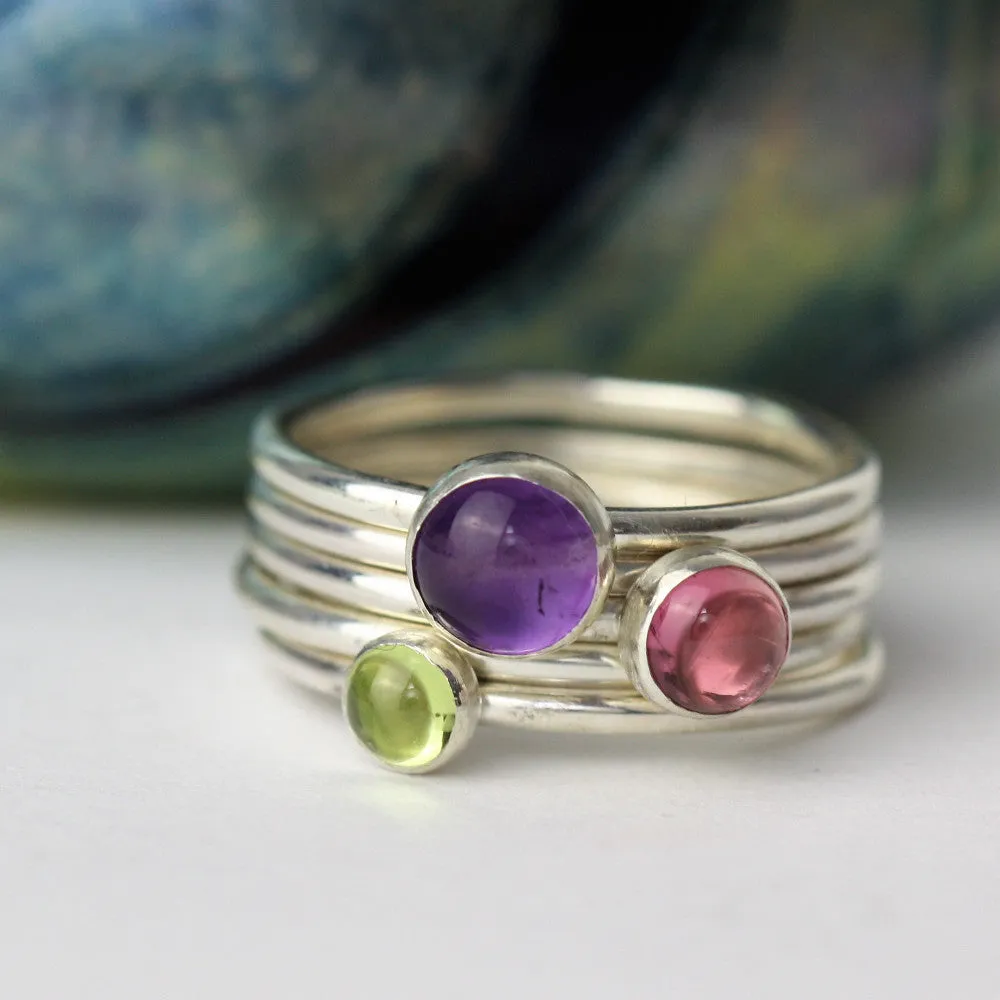 Wildflower Amethyst, Peridot and Tourmaline Silver Stacking Ring Set