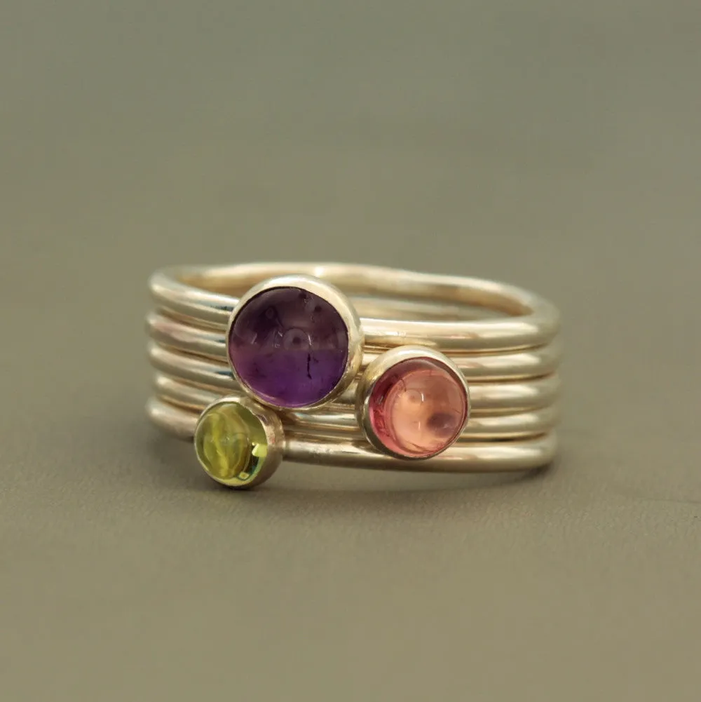 Wildflower Amethyst, Peridot and Tourmaline Silver Stacking Ring Set