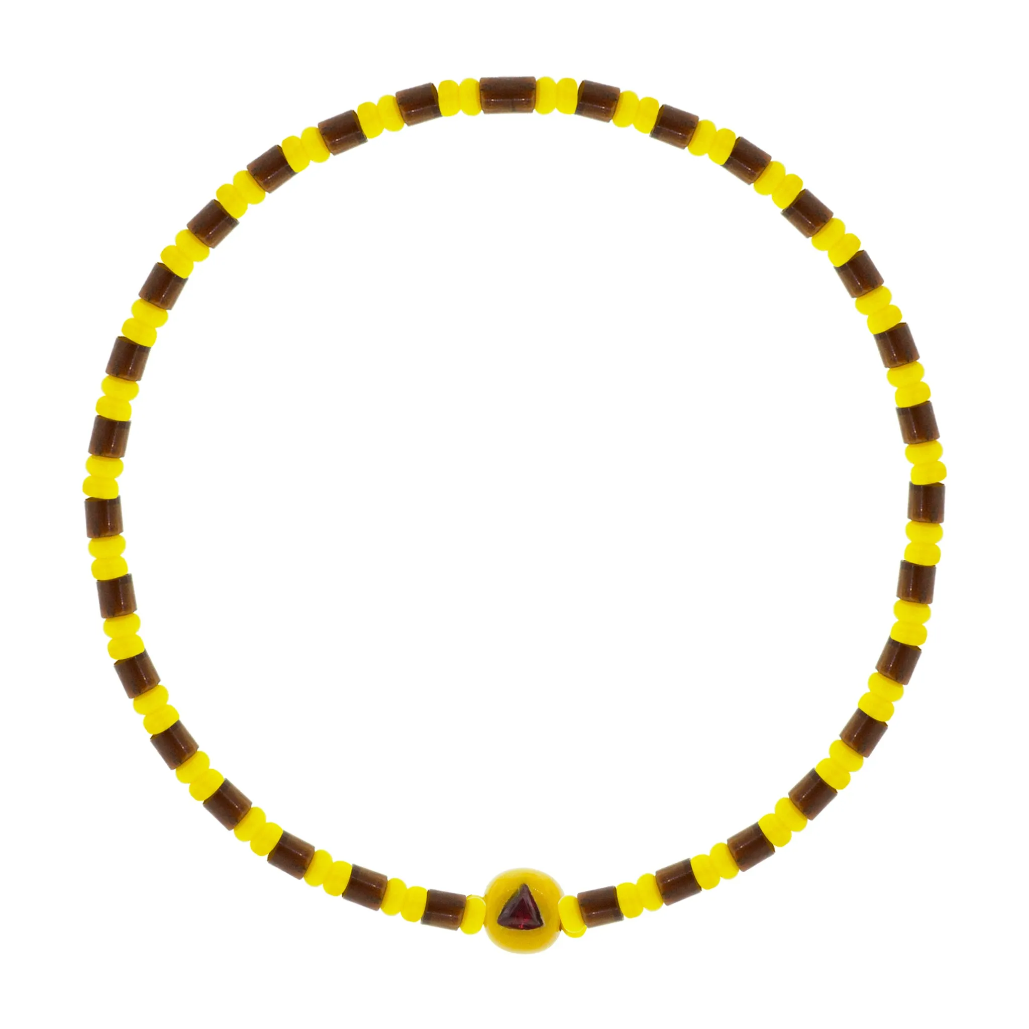 Yellow Enameled Medium Gold Ball With Ruby Trillion Beaded Bracelet